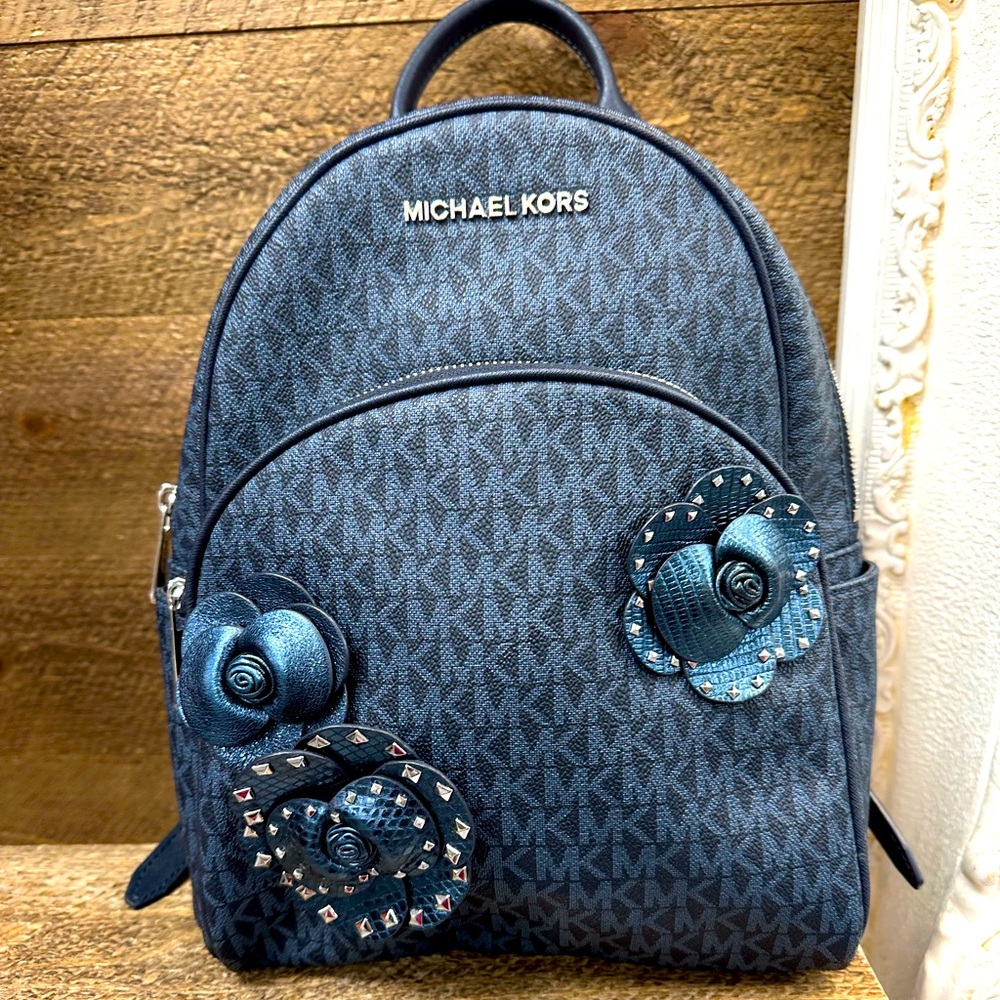 Michael Kors Blue and Black Backpack with Floral Accents